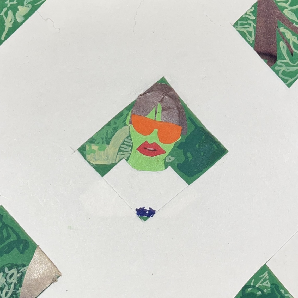 A paper collage of the "Five Holes in the Fence" photo from Taylor's instagram. Her skin is green, she's wearing orange sunglasses, has big red lips, and there's a nature background.
