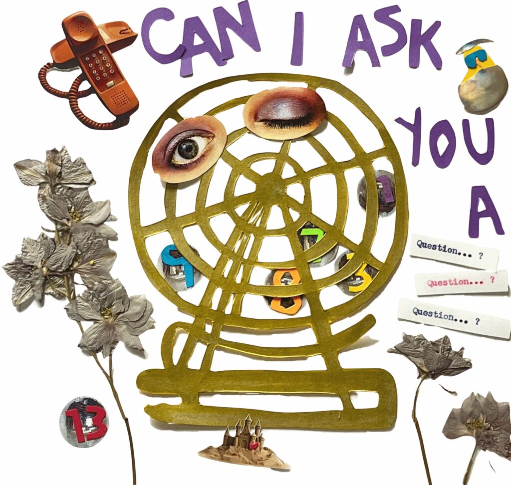 A collage of a bingo ball carriage with mirrorballs holding different numbers, some purple letters saying "Can I ask you a question...?", an old brown land-line phone, a chick being hatched from an opalite egg, a sunflower, and some lavender larkspur